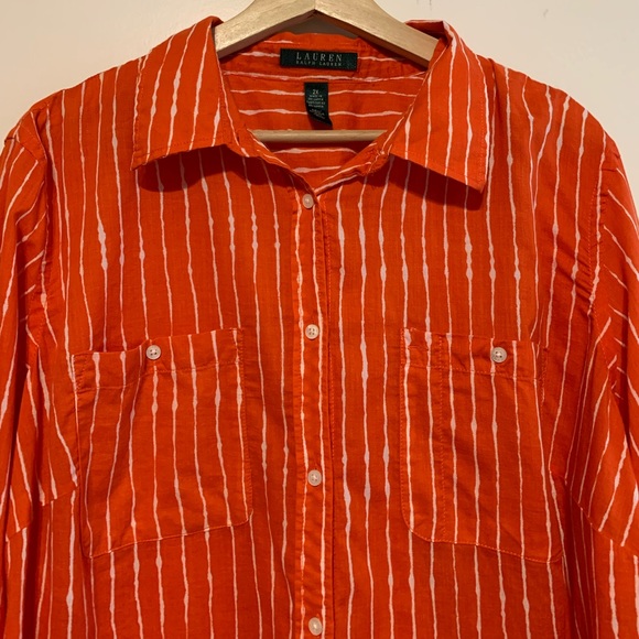 Lauren Ralph Lauren Button Up Orange Striped Cotton Top Size 2X - Picture 2 of 8